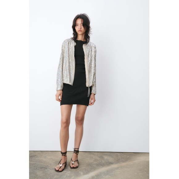 Zara Sequined Bomber Jacket In Beige Size Small - Picture 5 of 15